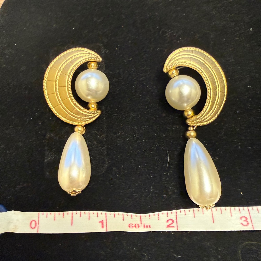 Vintage Gold Tone Crescent Moon Faux Pearl Teardrop Dangle Statement Earrings